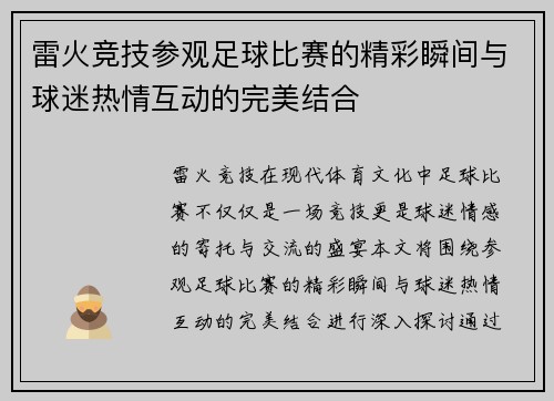 雷火竞技参观足球比赛的精彩瞬间与球迷热情互动的完美结合