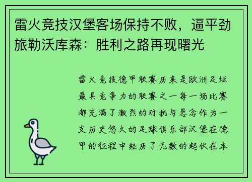 雷火竞技汉堡客场保持不败，逼平劲旅勒沃库森：胜利之路再现曙光