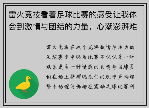 雷火竞技看着足球比赛的感受让我体会到激情与团结的力量，心潮澎湃难以自已