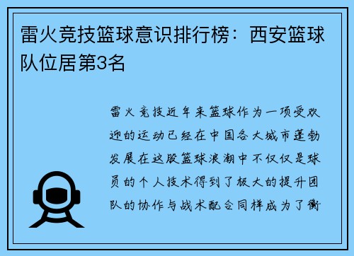 雷火竞技篮球意识排行榜：西安篮球队位居第3名