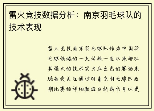 雷火竞技数据分析：南京羽毛球队的技术表现