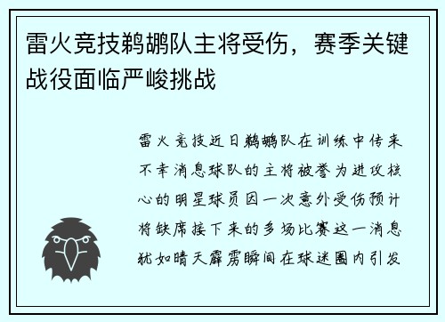 雷火竞技鹈鹕队主将受伤，赛季关键战役面临严峻挑战