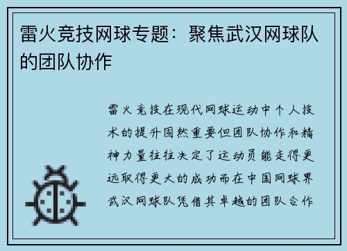 雷火竞技网球专题：聚焦武汉网球队的团队协作