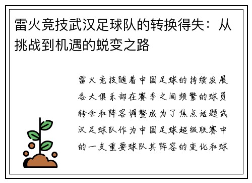 雷火竞技武汉足球队的转换得失：从挑战到机遇的蜕变之路