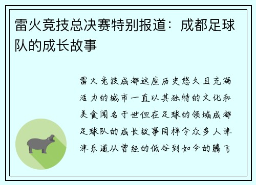 雷火竞技总决赛特别报道：成都足球队的成长故事