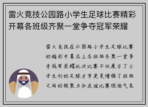 雷火竞技公园路小学生足球比赛精彩开幕各班级齐聚一堂争夺冠军荣耀