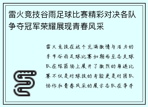 雷火竞技谷雨足球比赛精彩对决各队争夺冠军荣耀展现青春风采