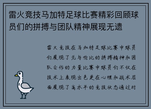 雷火竞技马加特足球比赛精彩回顾球员们的拼搏与团队精神展现无遗