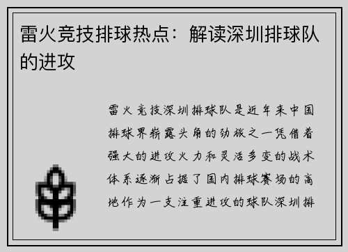 雷火竞技排球热点：解读深圳排球队的进攻