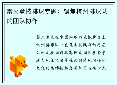 雷火竞技排球专题：聚焦杭州排球队的团队协作