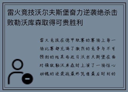 雷火竞技沃尔夫斯堡奋力逆袭绝杀击败勒沃库森取得可贵胜利